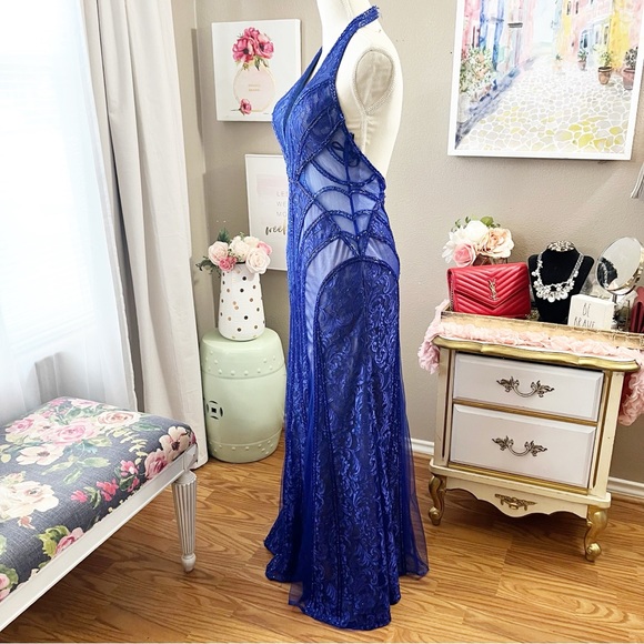 Blue Halter Prom Gown dress size 4 MISSING MANY GEMS - Picture 6 of 14